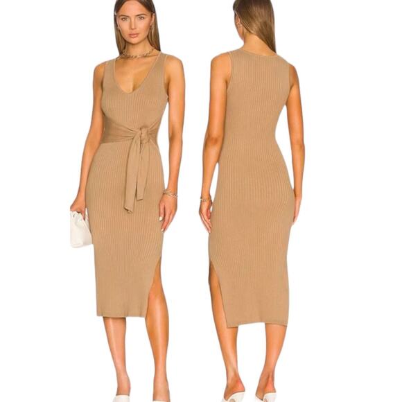 GOOD AMERICAN Rib Tie Waist Midi Dress Taupe Beige Maxi Sexy Cocktail Curvy 4X 7 - Picture 3 of 15
